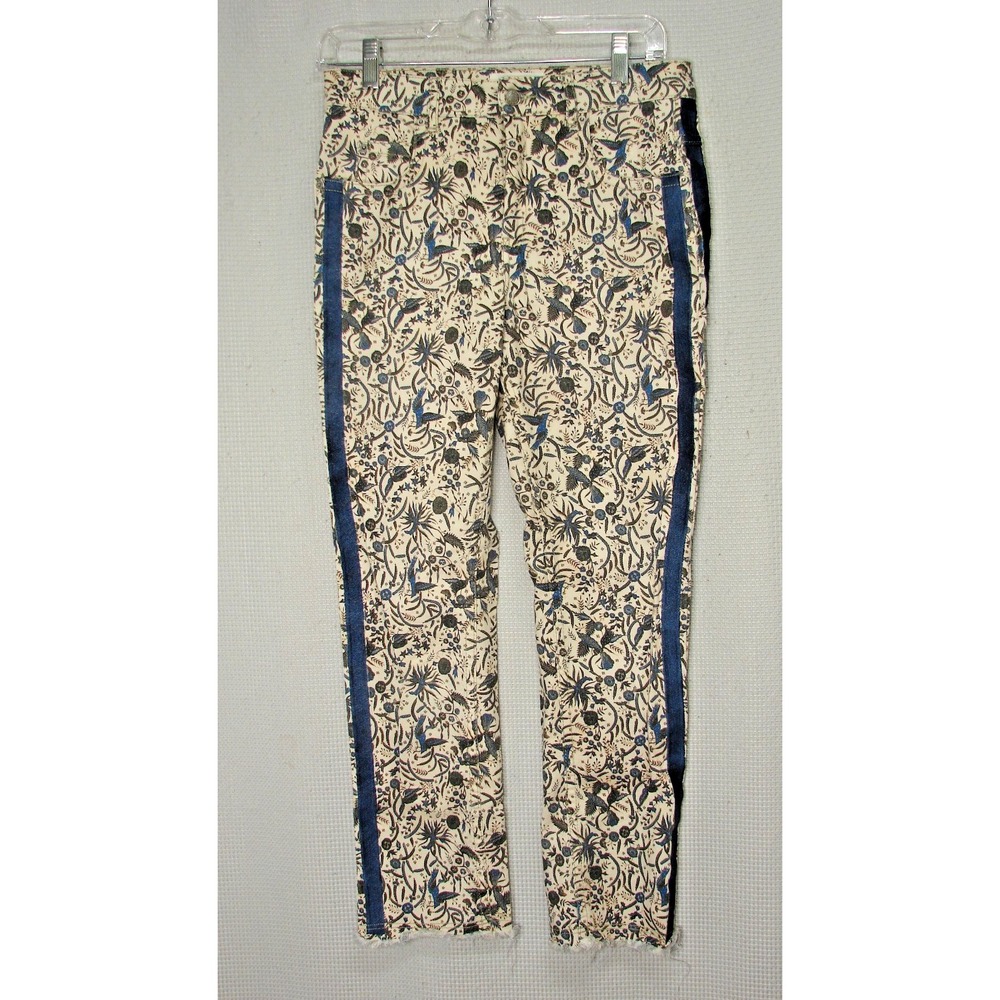 Isabel Marant Etoile Creme Blue Floral Side Stripe Denim Jeans Cotton Raw Hem 6